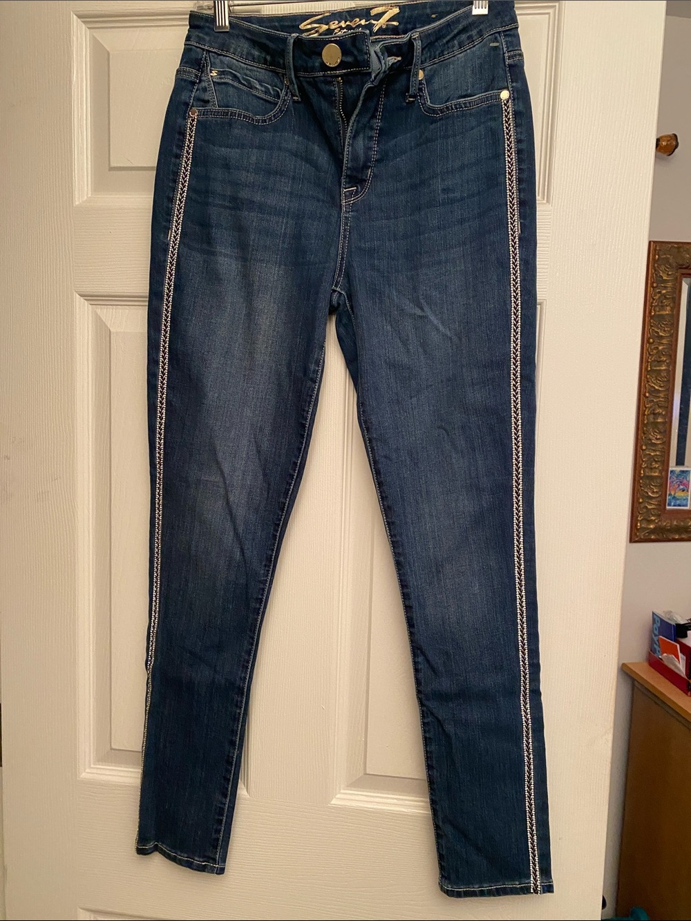 Seven7 Dark Blue Skinny Jeans with Rhinestone Side Stripe